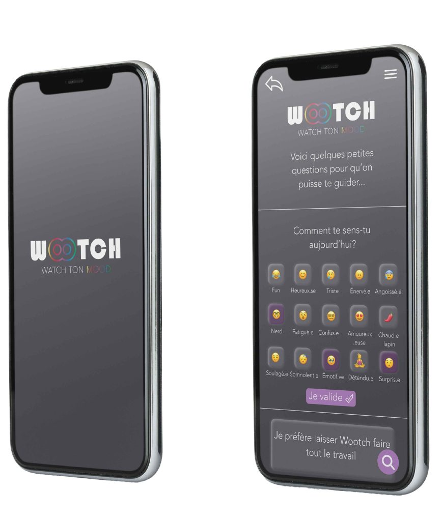 Two high fidelity prototypes of the app: first one: wootch baseline: watch your mood, second one: wootch, how are you feeling today ? then 15 emojis to pick a mood : happy, sad, anxious, calm, naughty, fun, curious, nerdy